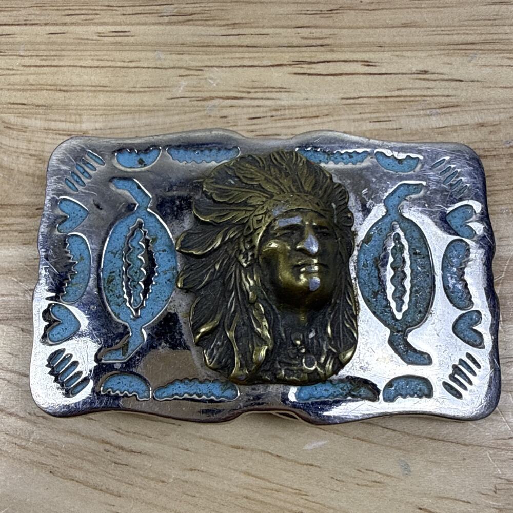 Vintage Native American Chief Head Western Belt Buckle Silver & Gold Tone